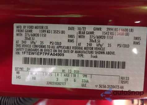 2023 Ford F-150 Lariat from USA, damaged, VIN 1FTEW1EP7PFA04909